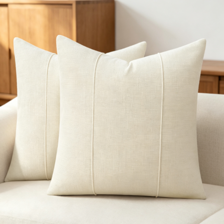 Solid-color cotton-linen throw pillow (neutral tones) – Minimalist farmhouse style